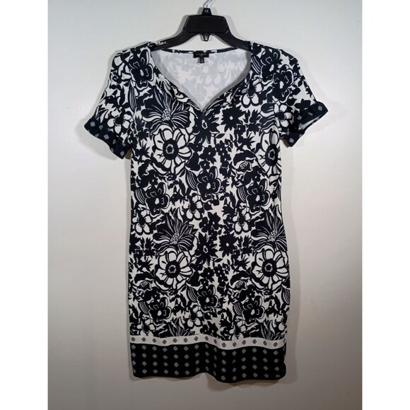 Talbots Black White Cotton Floral Border Print Shift Dress Size Medium Petite - Picture 1 of 8